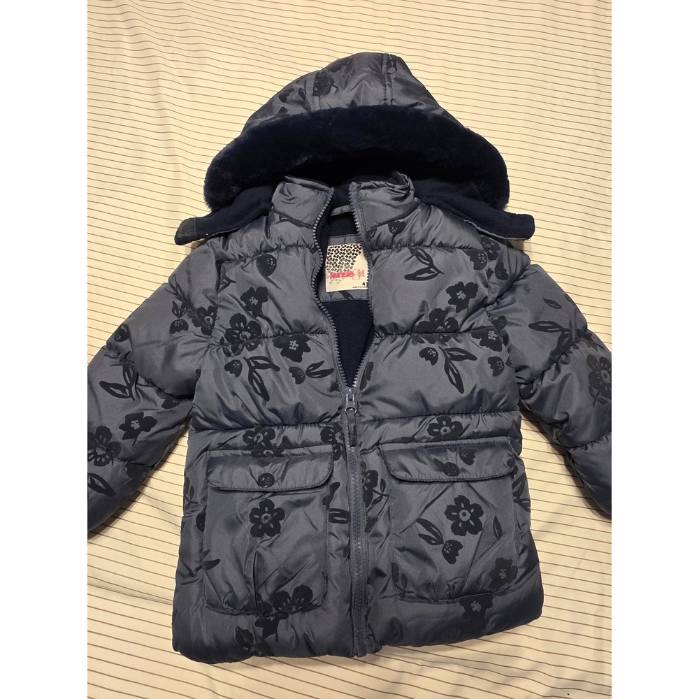 1169 Kensie Girl Kids Floral Puffer Jacket navy blu FauxFur Hood Coat 4T